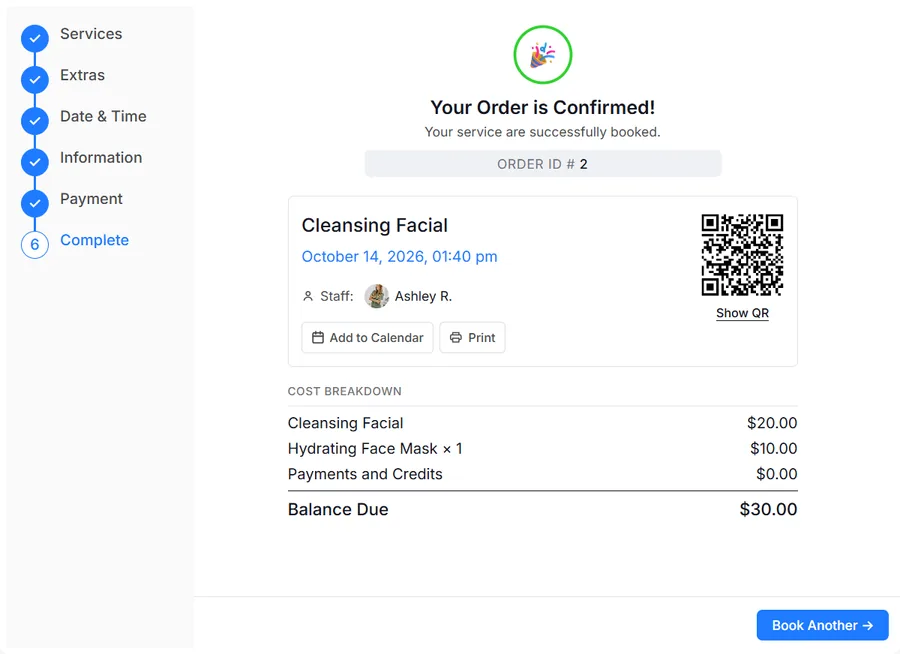 Actual booking widget confirmation showing appointment details, calendar and print options and balance due