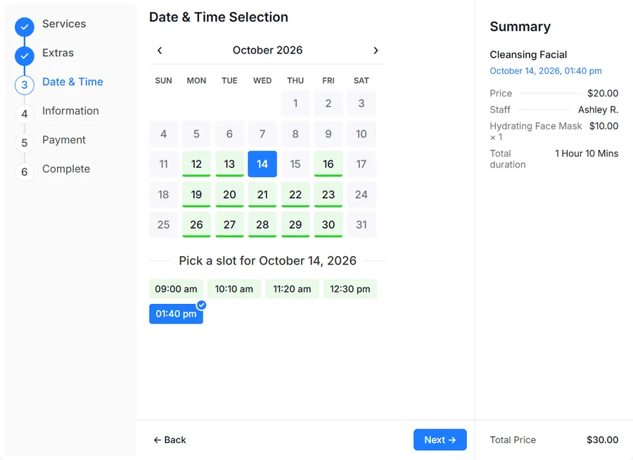 Actual booking widget showing a calendar, available times and selected appointment summary
