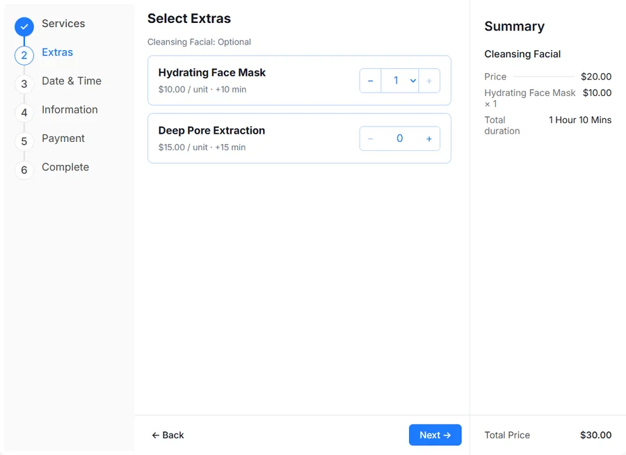 Actual booking widget showing optional extras, quantity controls and booking summary