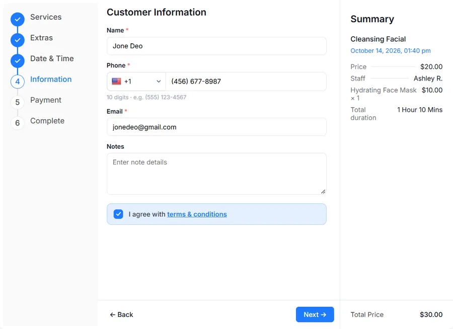 Actual booking widget showing customer information fields and terms agreement