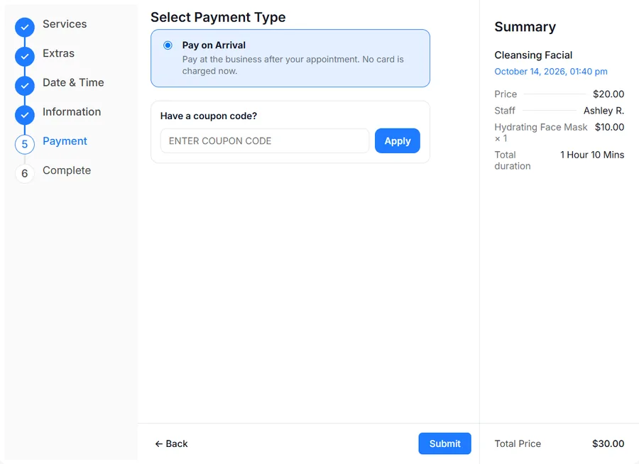 Actual booking widget showing Pay on Arrival, coupon entry and total price