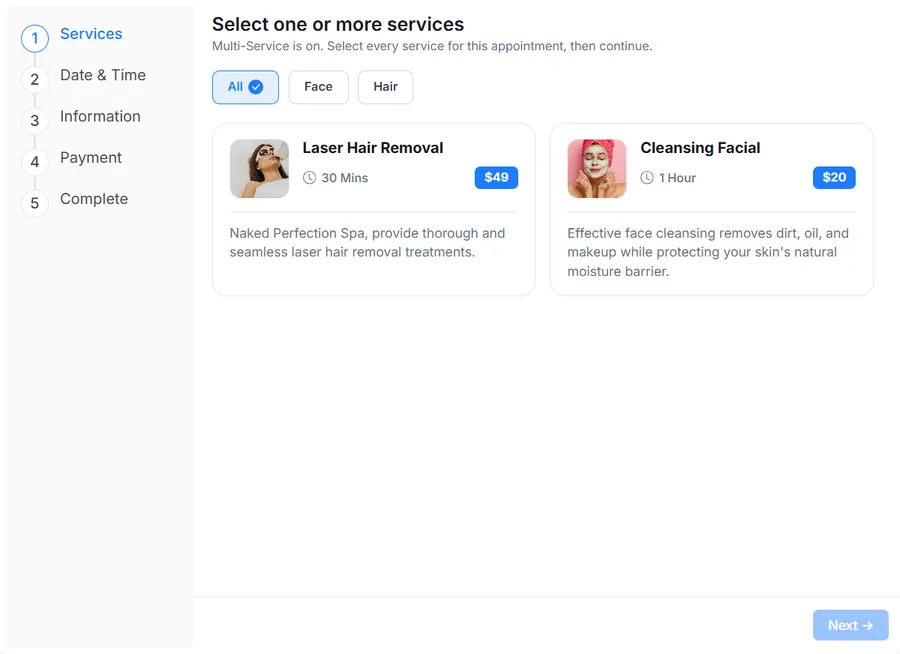 Actual booking widget showing service categories and two service cards