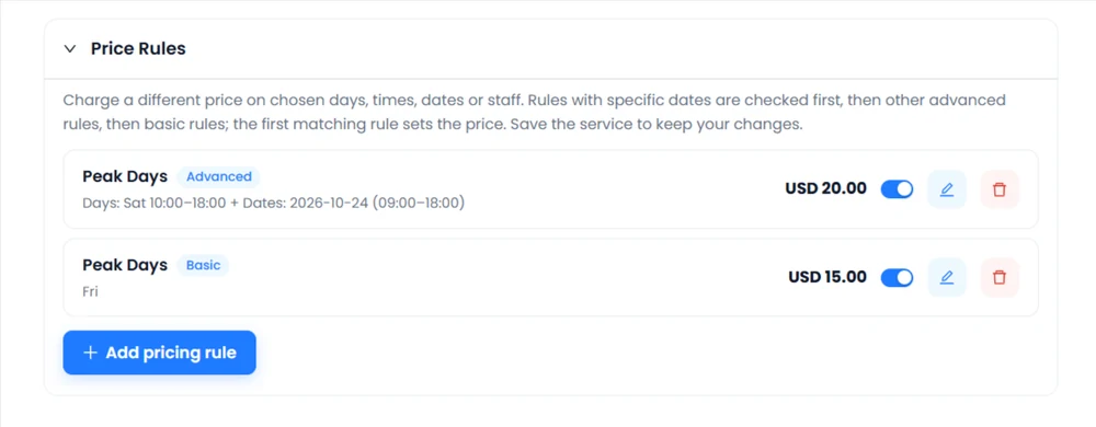 Price Rules list showing Advanced and Basic rules, replacement prices, active switches, edit and delete controls