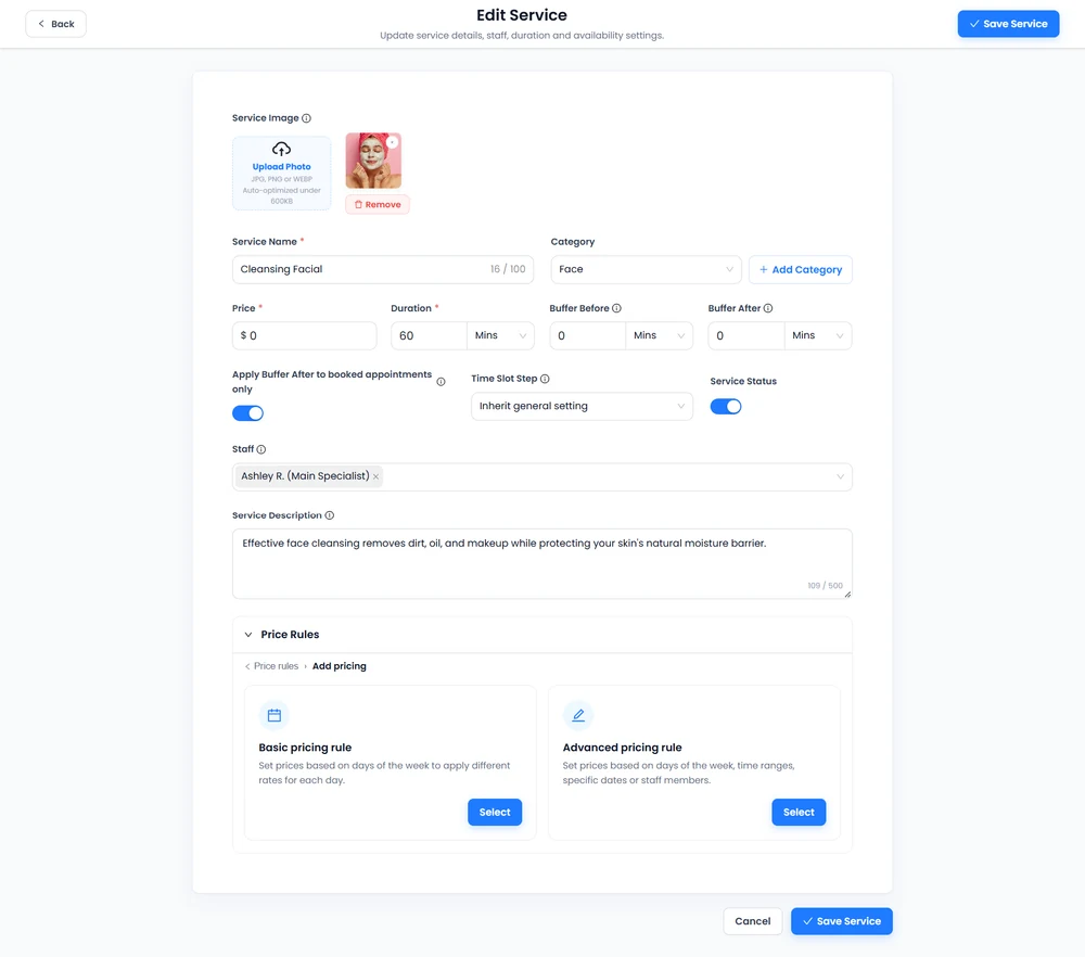 Edit Service screen with Basic pricing rule and Advanced pricing rule options