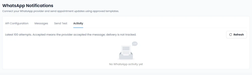 Empty WhatsApp Activity tab with Refresh and a notice that provider acceptance does not track delivery
