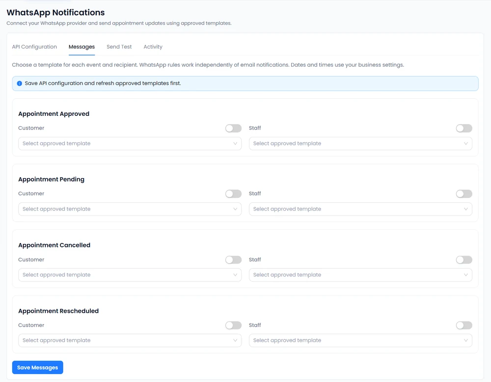 WhatsApp Messages tab with Approved, Pending, Cancelled and Rescheduled events and separate Customer and Staff template selectors