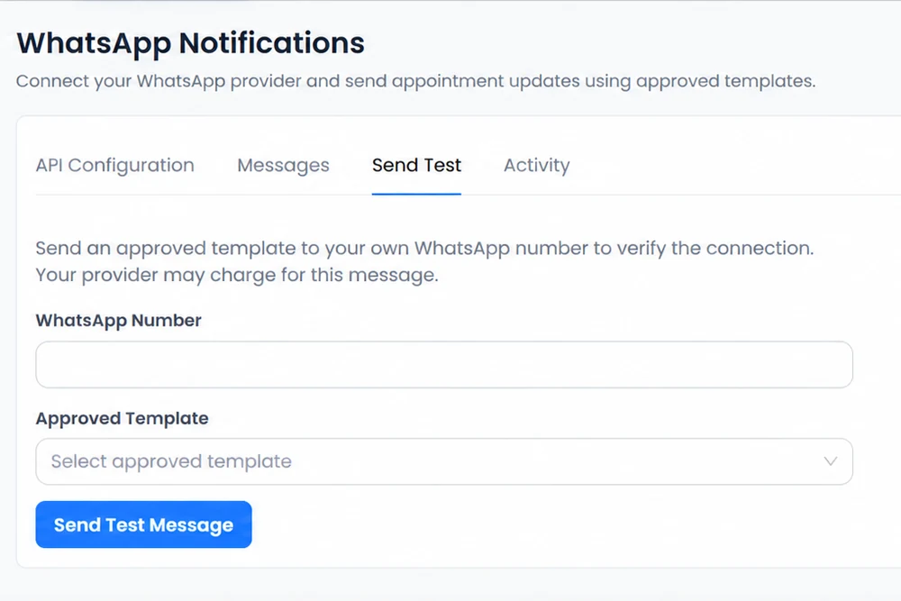 Send Test tab with the WhatsApp recipient number redacted, an approved template selector and Send Test Message button