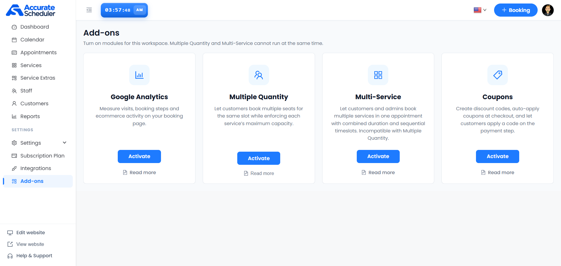 Accurate Scheduler Add-ons page showing Google Analytics Multiple Quantity Multi-Service and Coupons with Activate and Read more controls