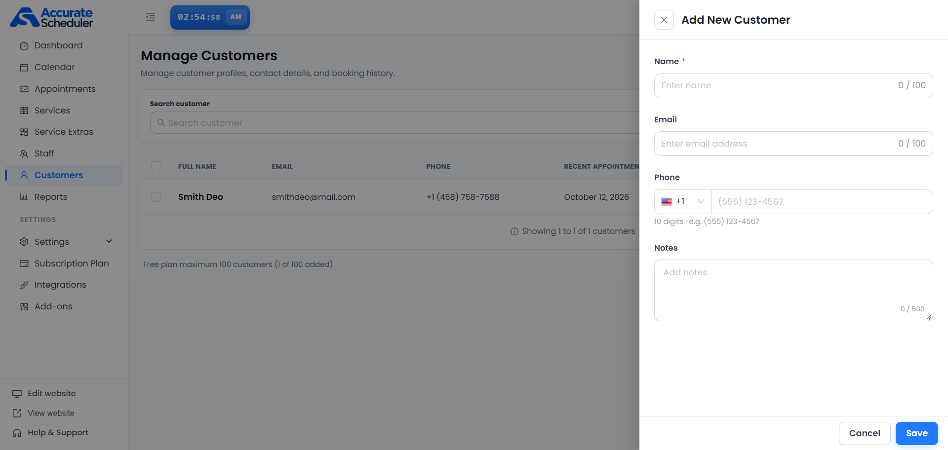 Add New Customer panel with required Name, optional Email, country-code Phone and Notes fields and Save button