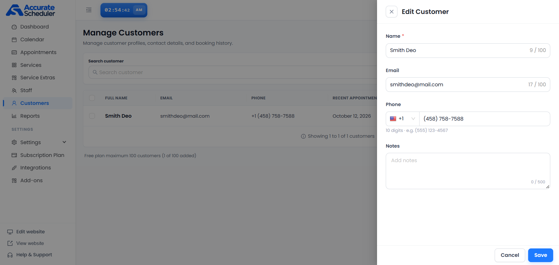 Edit Customer panel showing an existing customer name, email, phone number and Notes field