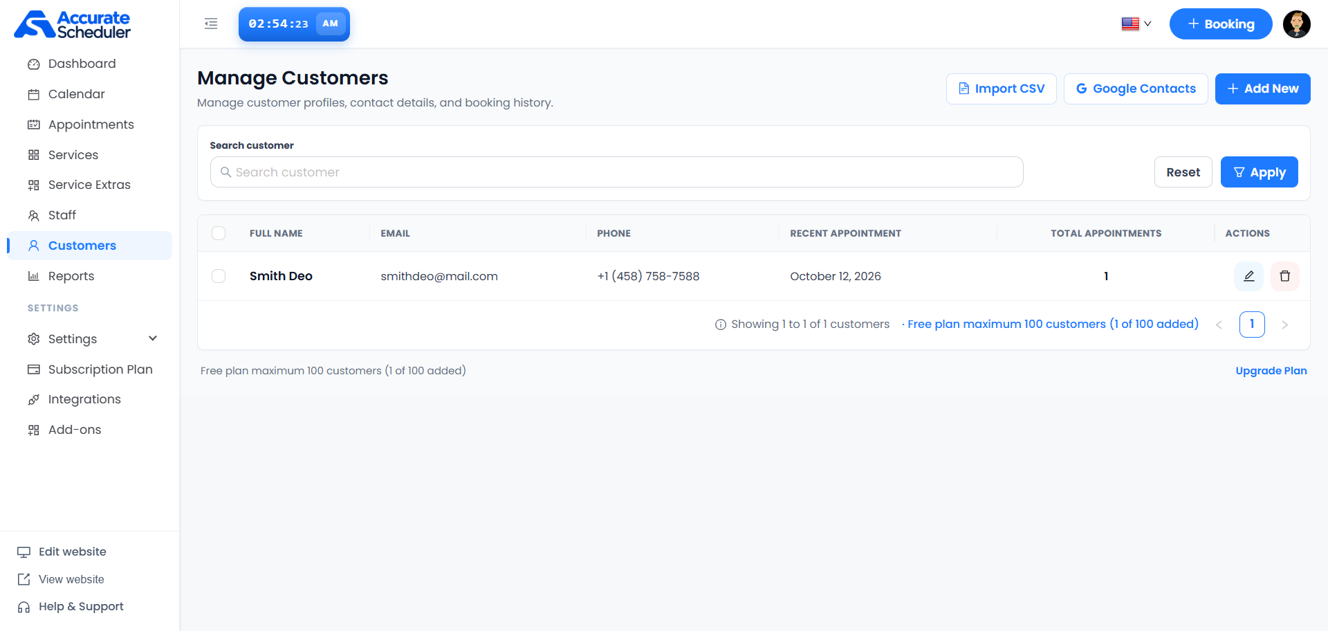 Manage Customers list with search, Import CSV, Google Contacts, Add New and customer contact and appointment columns