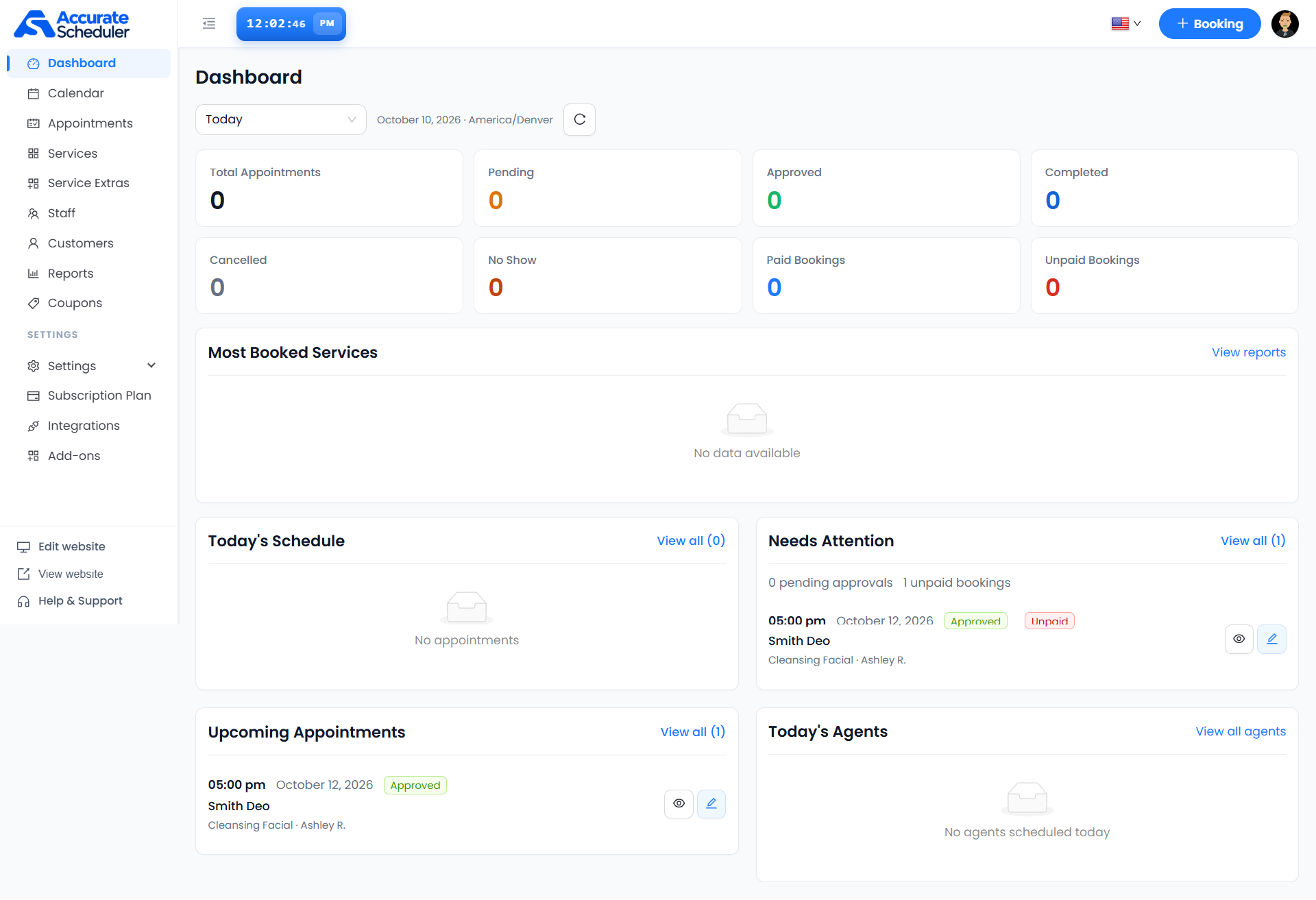 Accurate Scheduler Dashboard showing appointment summary cards, Today's Schedule, Needs Attention, Upcoming Appointments and Today's Agents