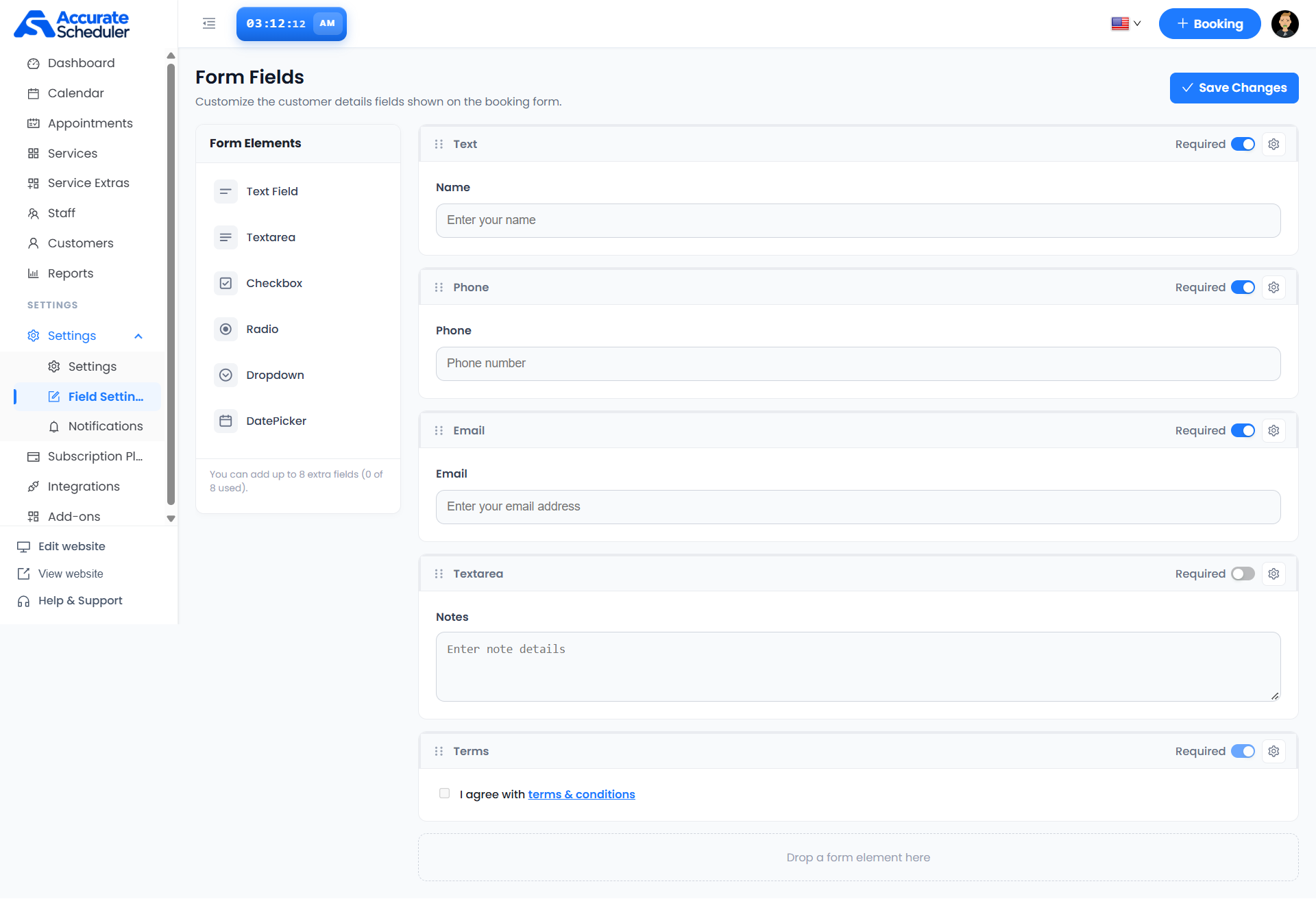 Form Fields editor with element palette, Name, Phone, Email, Notes and Terms cards, required switches, settings icons and drop area