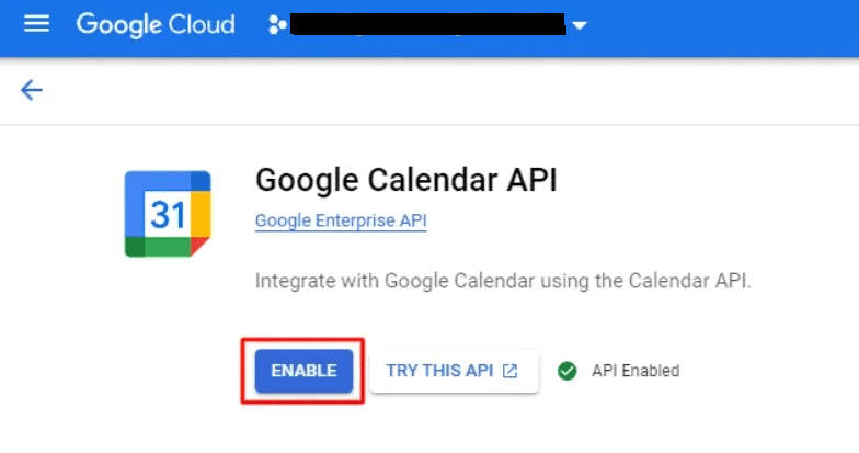 Google Calendar API page with Enable control highlighted