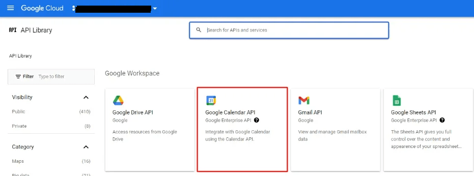 Google Cloud API Library with Google Calendar API highlighted