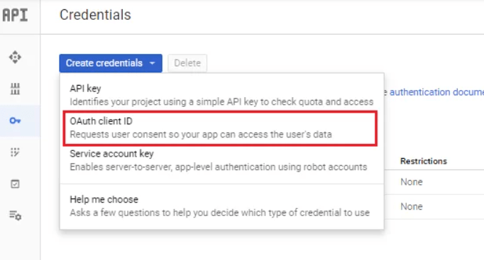 Google Cloud Credentials menu with OAuth client ID highlighted