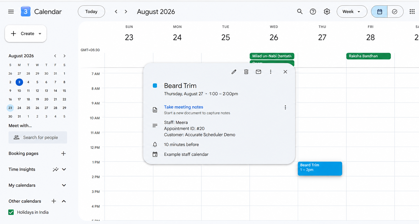Google Calendar example appointment event showing Beard Trim time staff and appointment details