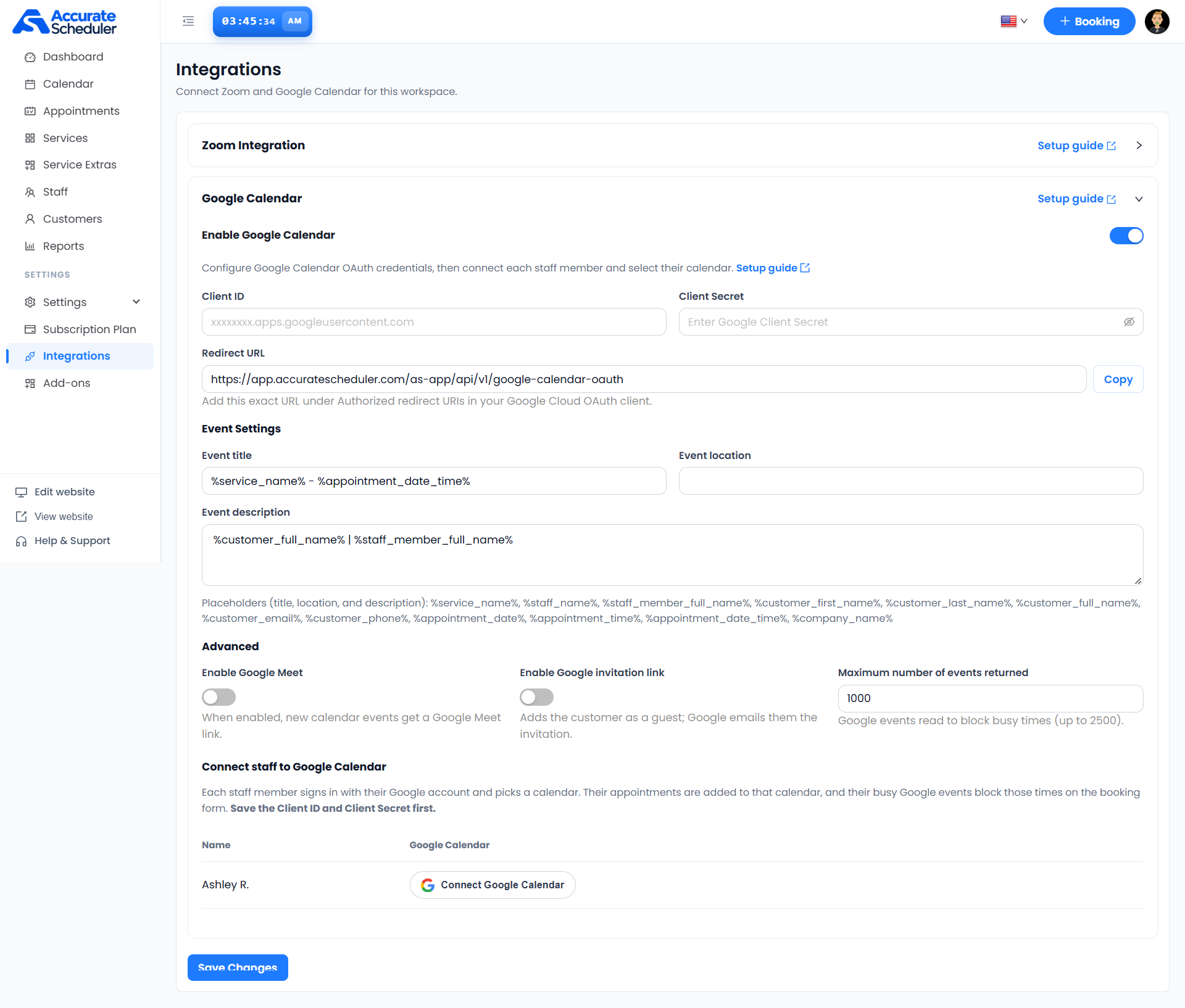 Step 1 Accurate Scheduler Google Calendar integration with Client ID Client Secret Redirect URL event settings and staff connection