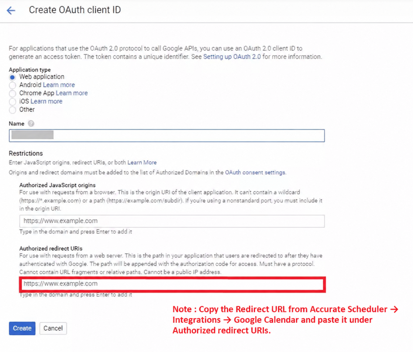 Google OAuth client reference with Web application selected and Authorized redirect URIs highlighted