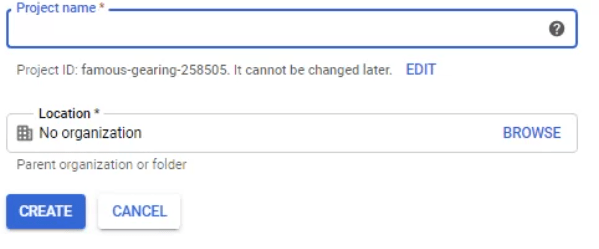 Google Cloud new project form with Project name Location and Create