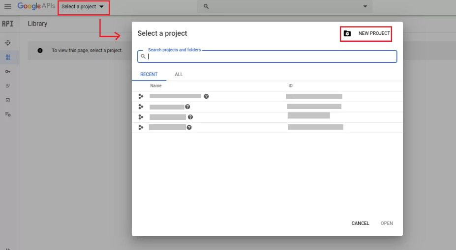 Google Cloud project selector with New Project highlighted