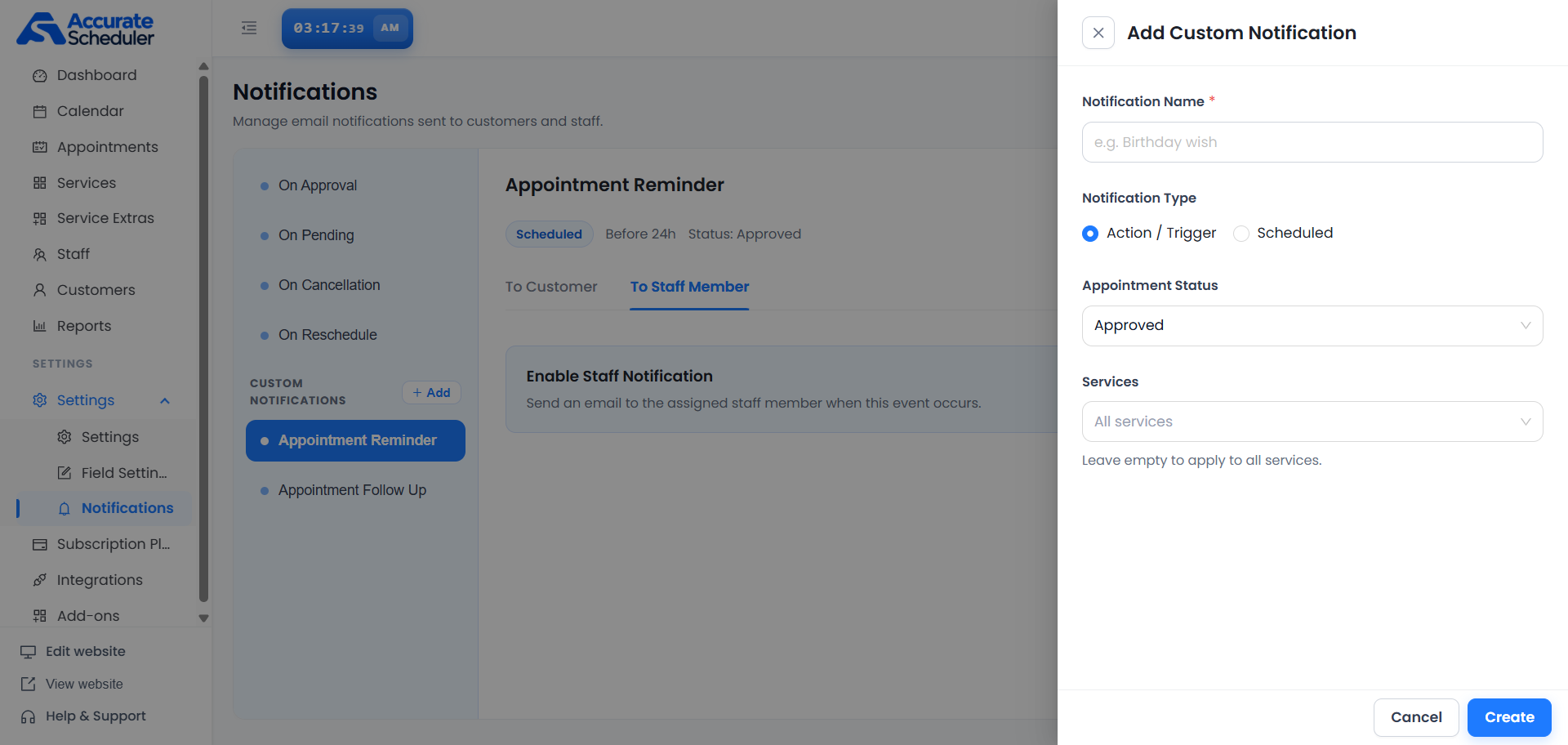 Add Custom Notification panel with required name, Action Trigger or Scheduled type, appointment status and Services selection