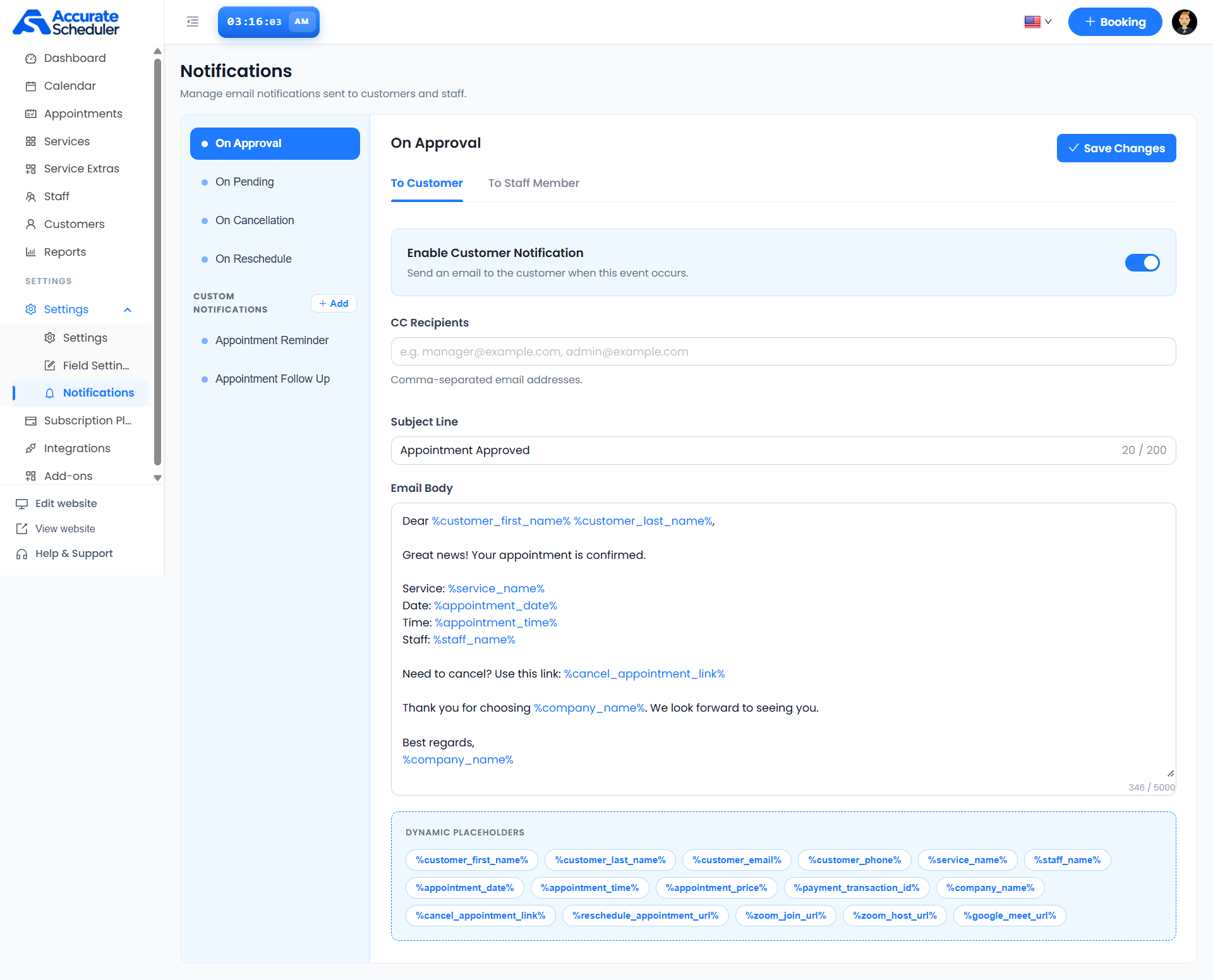 On Approval customer email settings with enable switch, CC recipients, subject, email body and dynamic placeholders