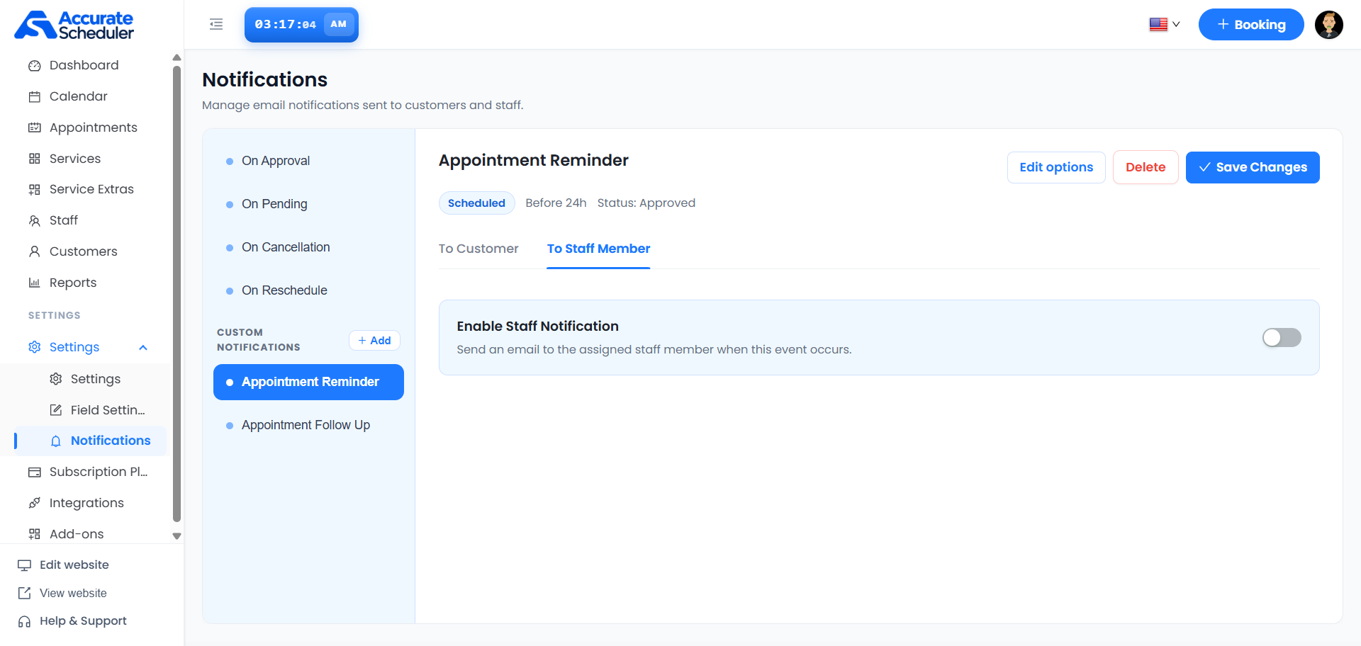 Appointment Reminder notification marked Scheduled Before 24h Status Approved with staff notification disabled and Edit options control