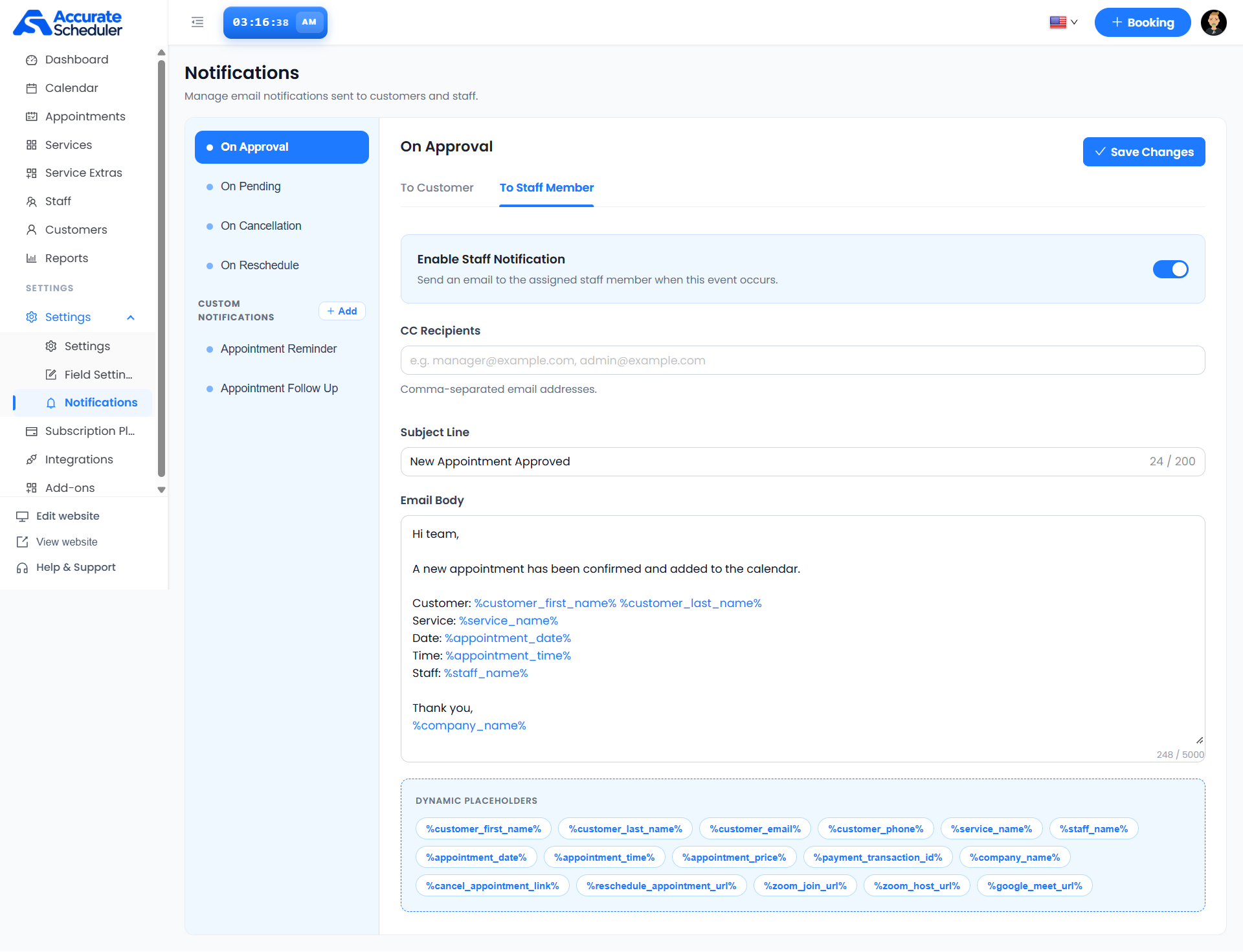 On Approval staff email settings with Enable Staff Notification, CC recipients, subject and appointment placeholders