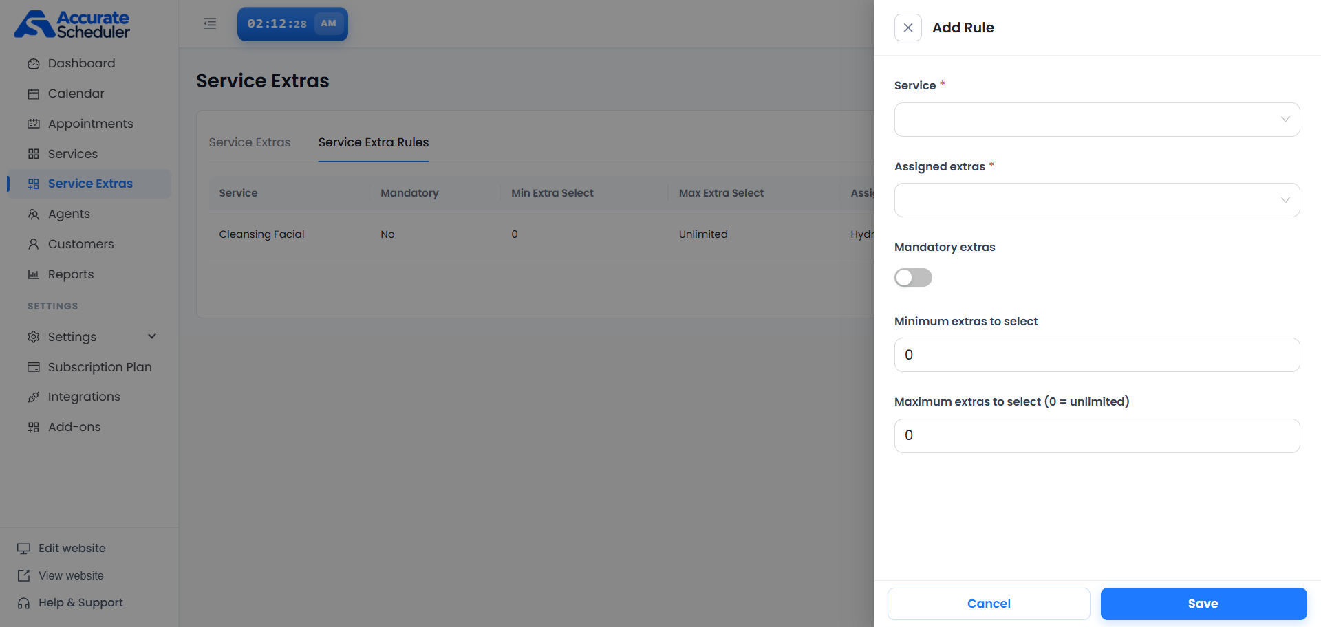 Add Rule panel with required Service and Assigned extras fields, Mandatory extras switch and minimum and maximum selection fields