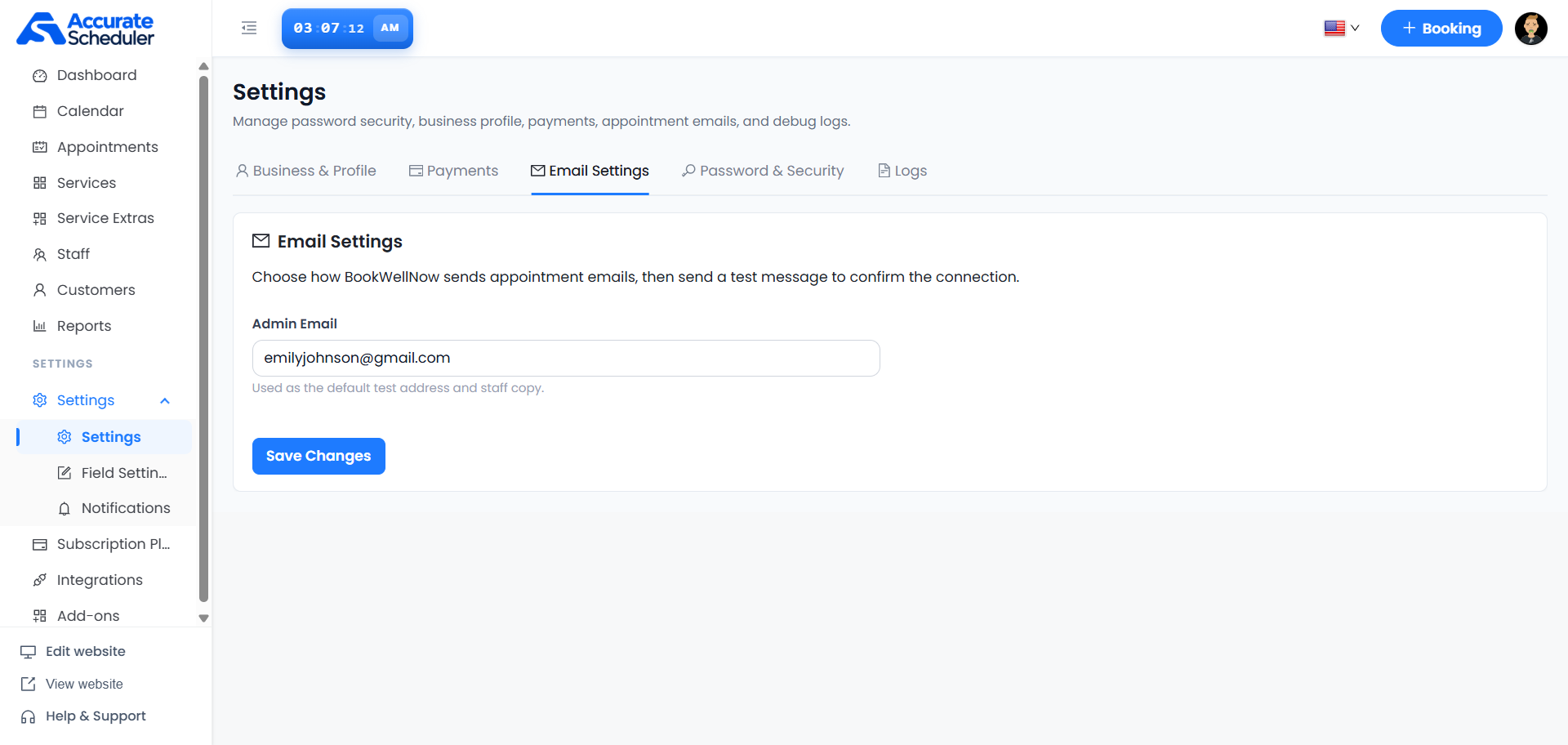 Email Settings tab with Admin Email field and Save Changes button