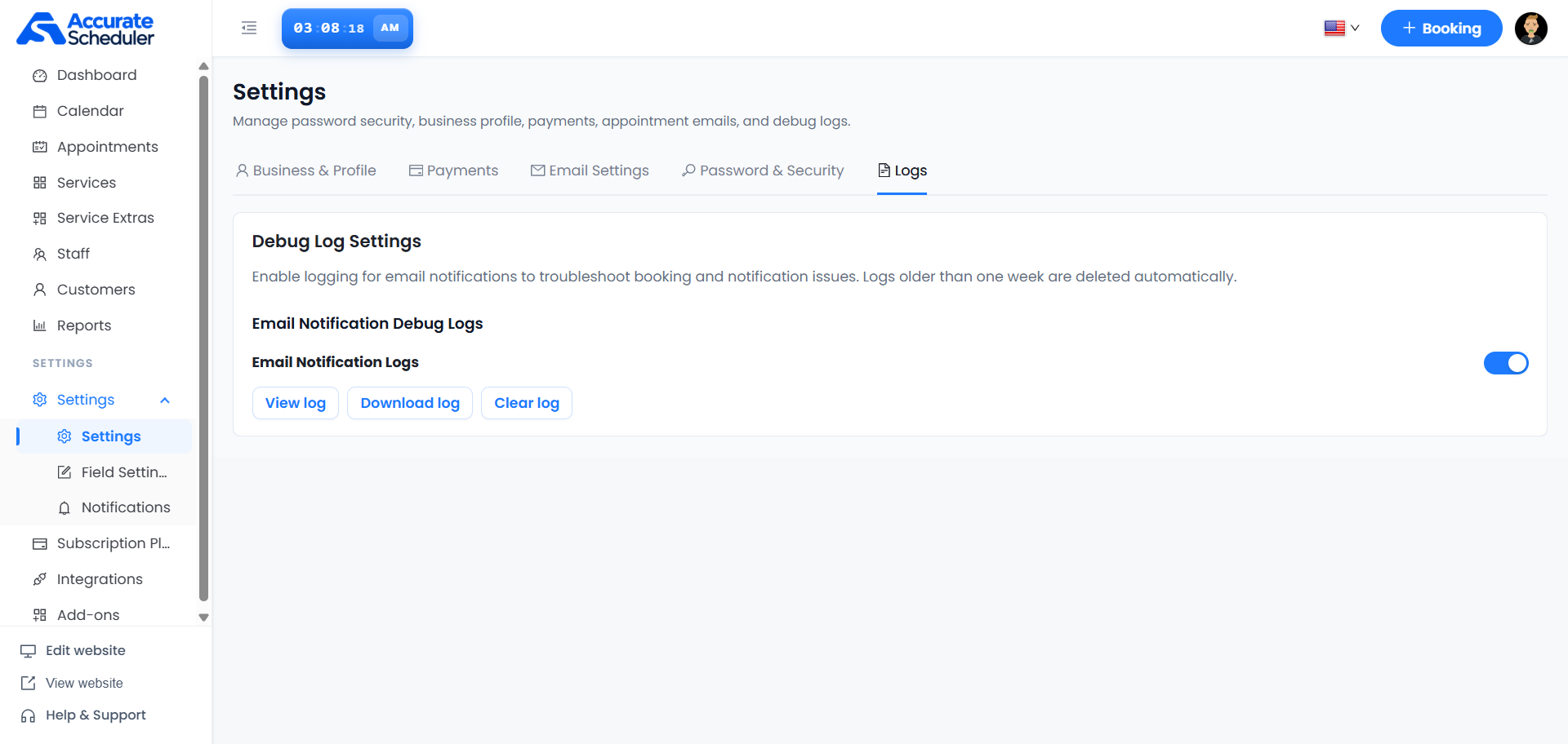 Debug Log Settings showing Email Notification Logs switch and View log, Download log and Clear log controls