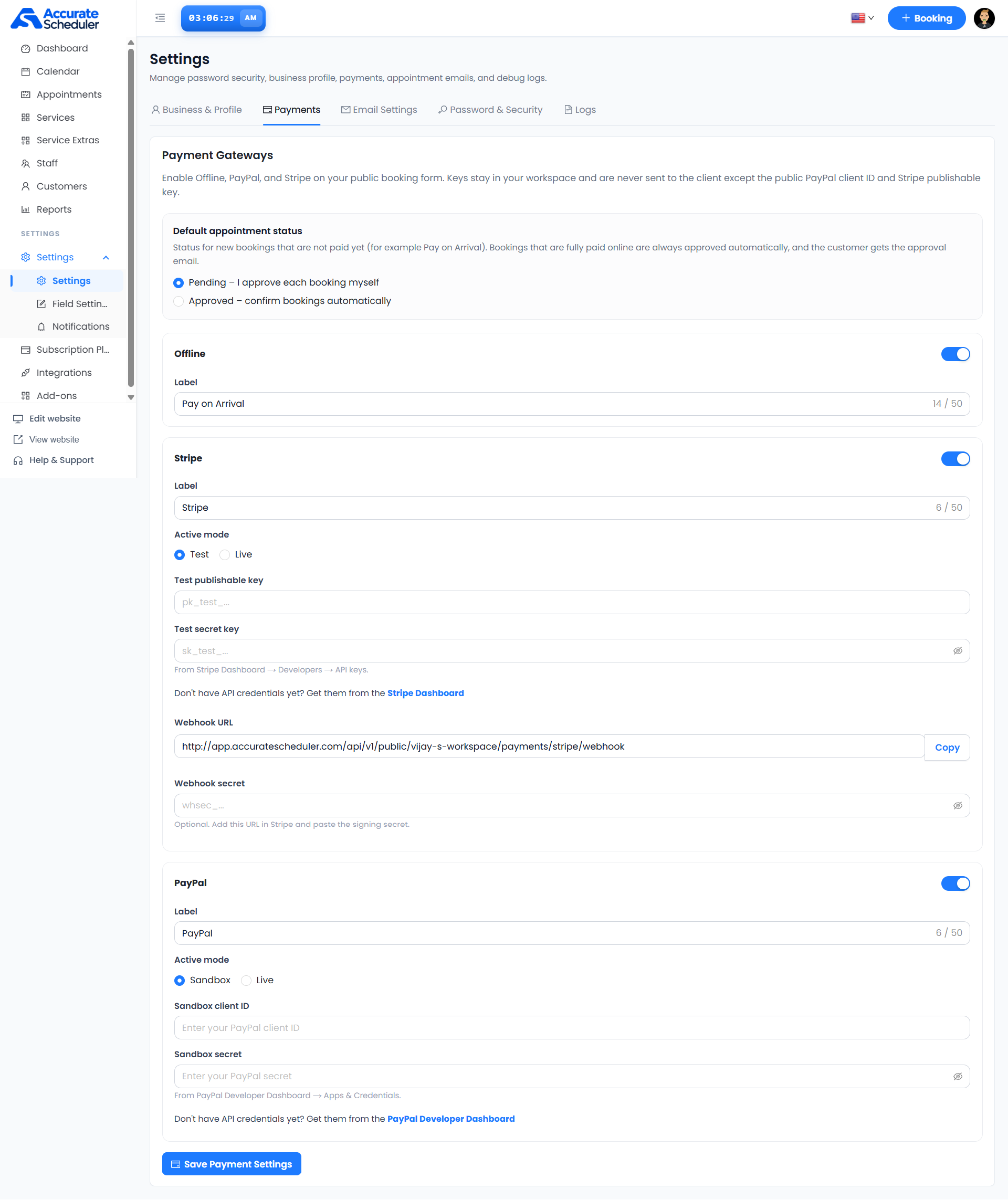 Payment settings with default appointment status, Offline, Stripe test mode, webhook fields and PayPal sandbox settings