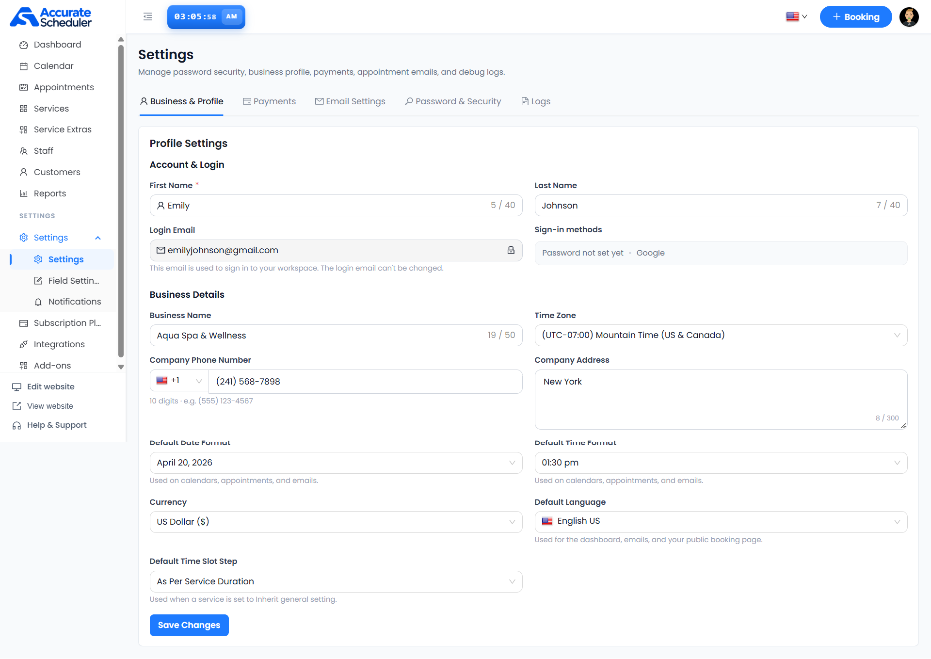 Business and Profile settings showing account details, locked login email, business information, timezone, formats, currency, language and time slot step