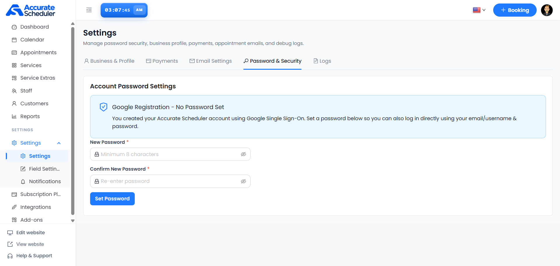Password and Security tab for a Google-registered account with New Password, Confirm New Password and Set Password controls