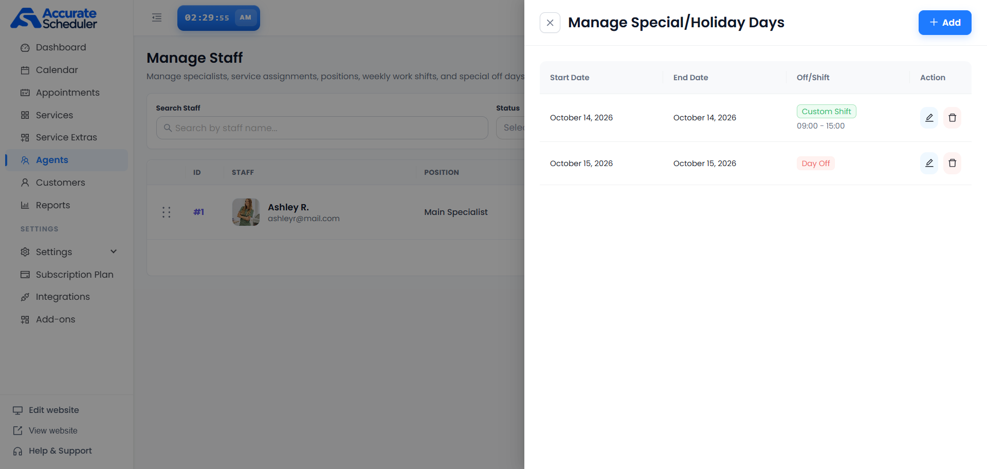 Special and Holiday Days list showing October 14 custom shift 09:00 to 15:00 and October 15 day off
