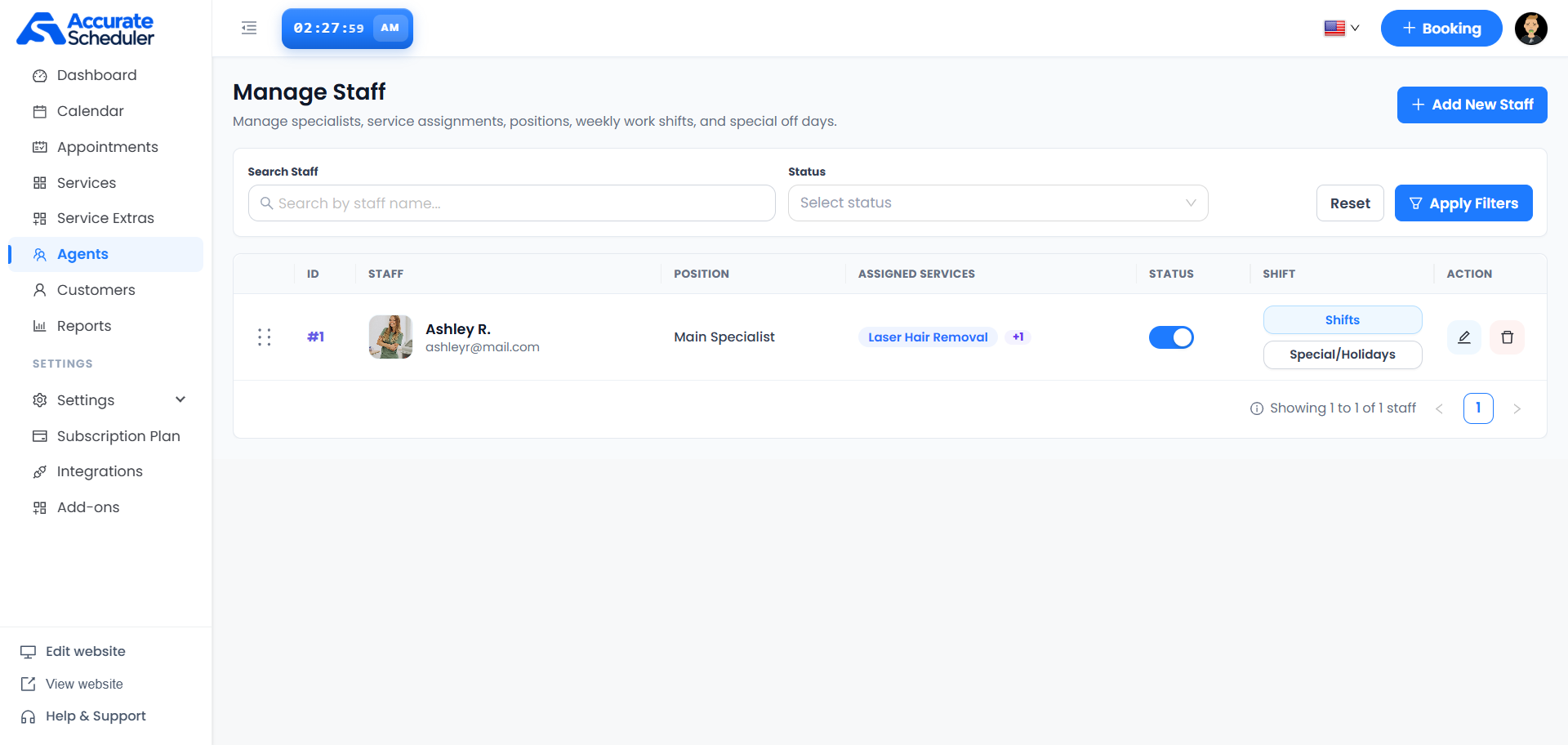 Manage Staff list with name and status filters, Ashley R., assigned services, status switch, Shifts and Special/Holidays controls