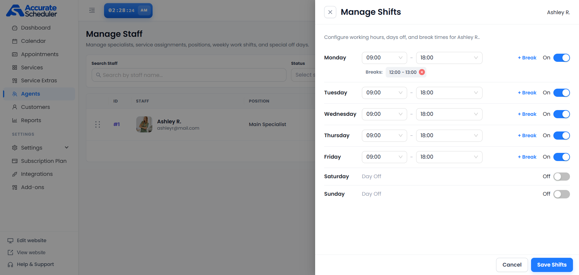 Manage Shifts for Ashley R. with weekday hours 09:00 to 18:00, Monday break 12:00 to 13:00 and weekends off