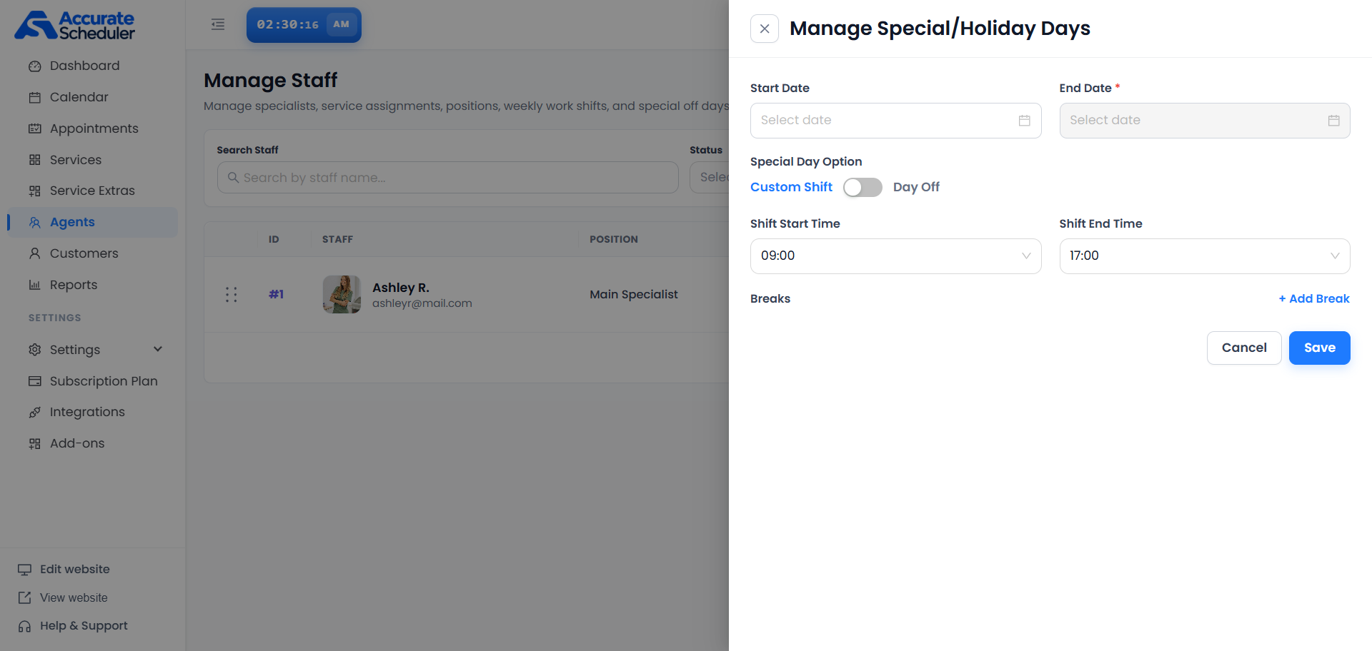 Special Holiday Days editor with date range, Custom Shift or Day Off option, shift times and Add Break control