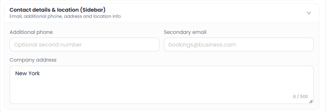 Website sidebar contact settings for additional phone secondary email and company address