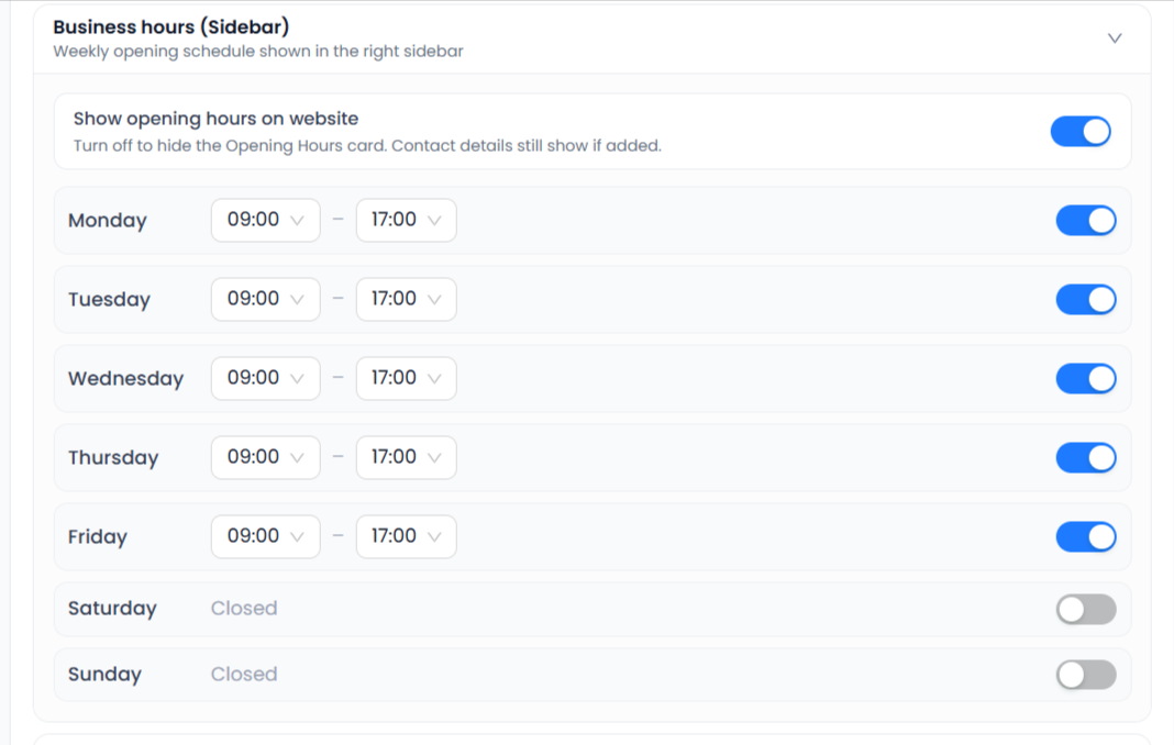 Business hours sidebar settings with Monday to Friday 09:00 to 17:00 and weekends closed