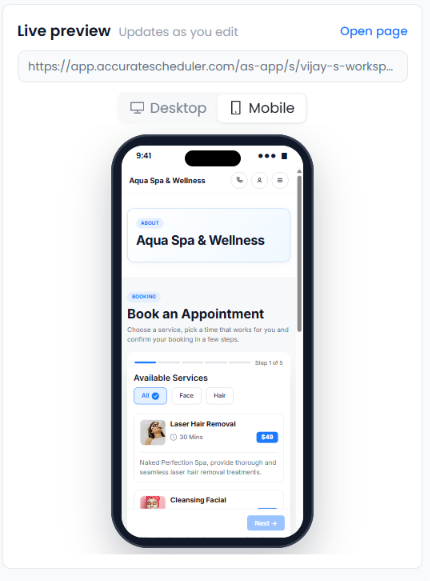 Mobile live preview of Accurate Scheduler customer booking page with service cards and booking steps