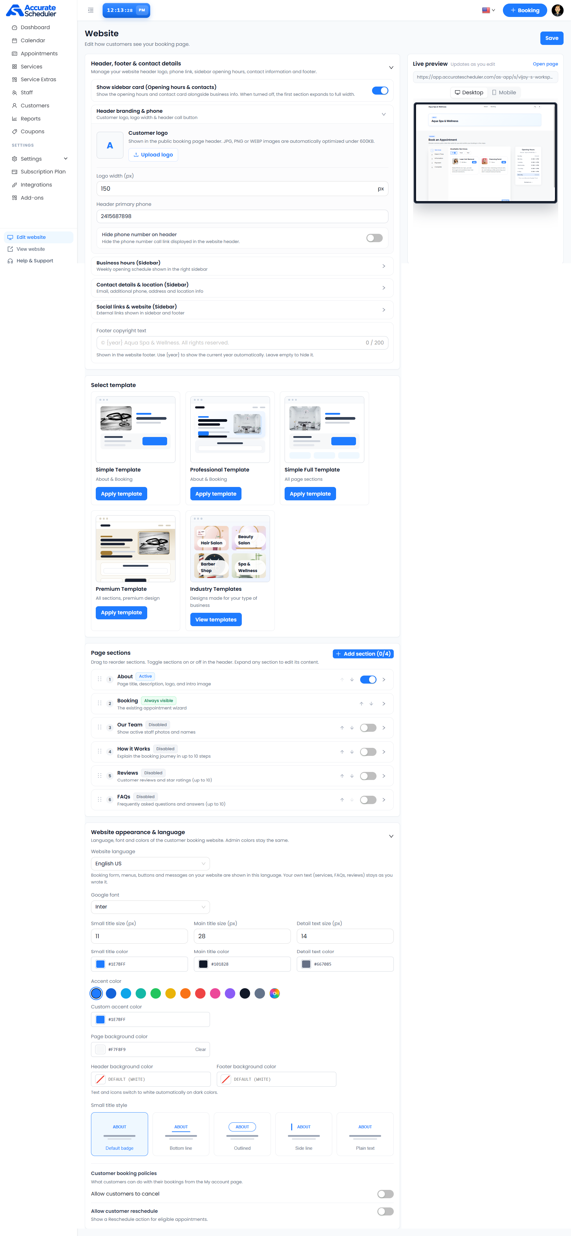 Accurate Scheduler Website editor with branding templates page sections appearance and booking policies