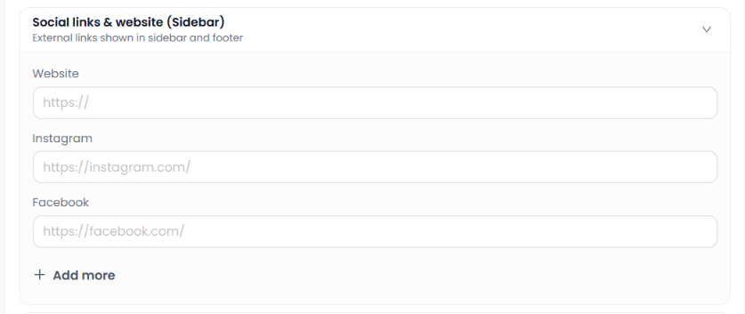 Social links and website settings with Website Instagram Facebook and Add more