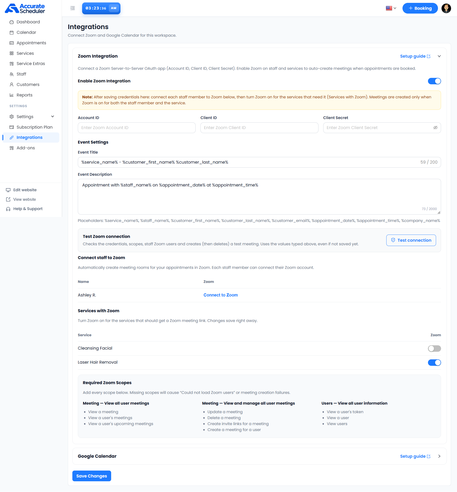 Step 1 Accurate Scheduler Integrations page with Zoom credential fields and staff and service connection controls