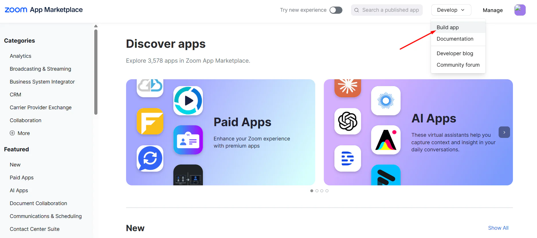 Step 2 Zoom Marketplace Develop menu with Build app highlighted by an arrow