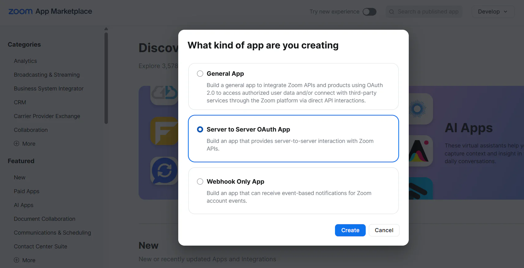 Step 3 Zoom app type dialog with Server to Server OAuth App selected and Create button