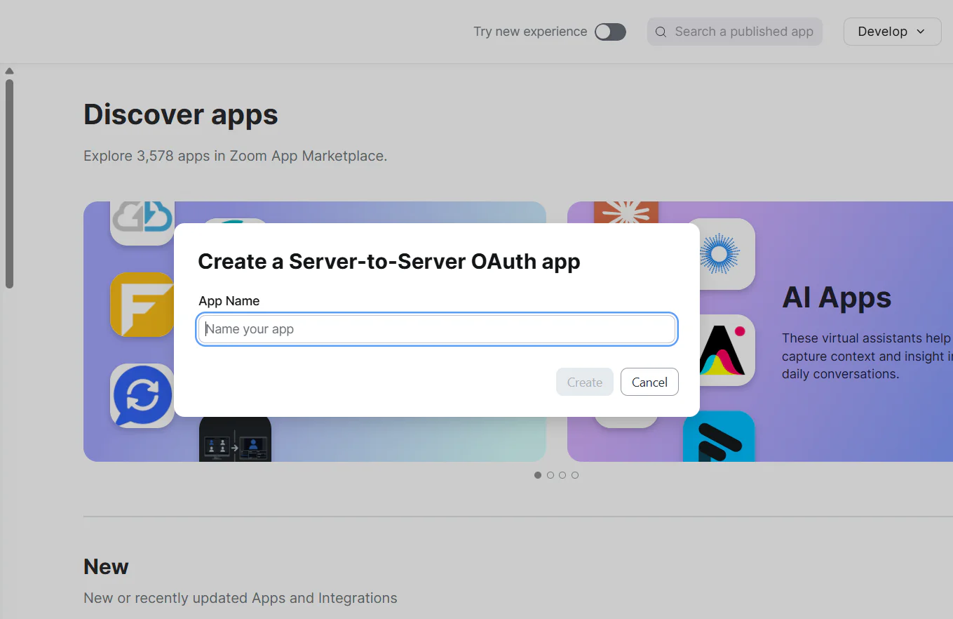 Step 4 Create a Server-to-Server OAuth app dialog showing App Name field