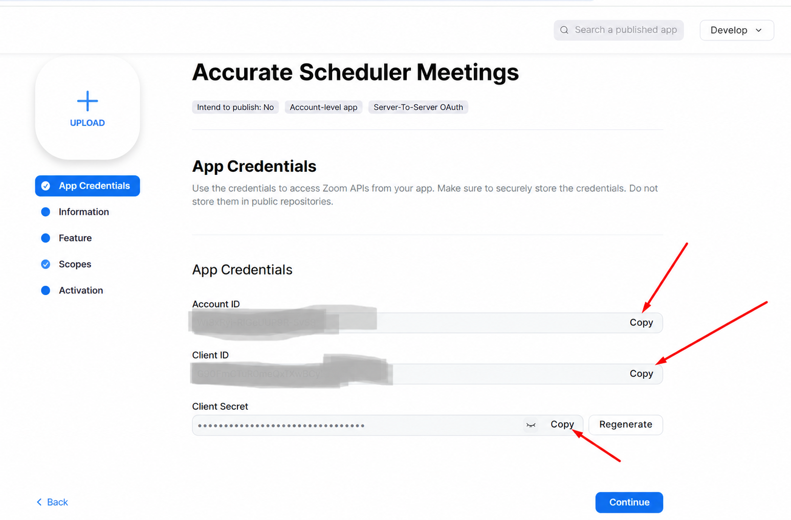 Step 5 Zoom App Credentials showing Account ID Client ID and masked Client Secret with Copy controls