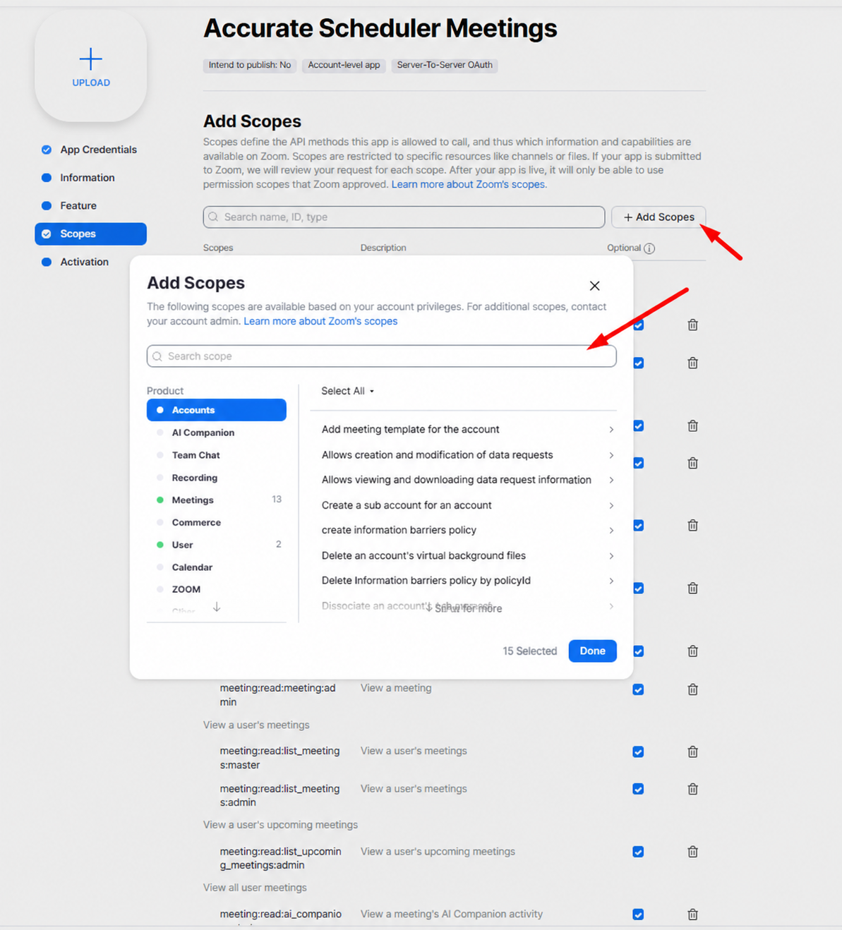 Step 6 Zoom Add Scopes dialog showing search field and Meetings category